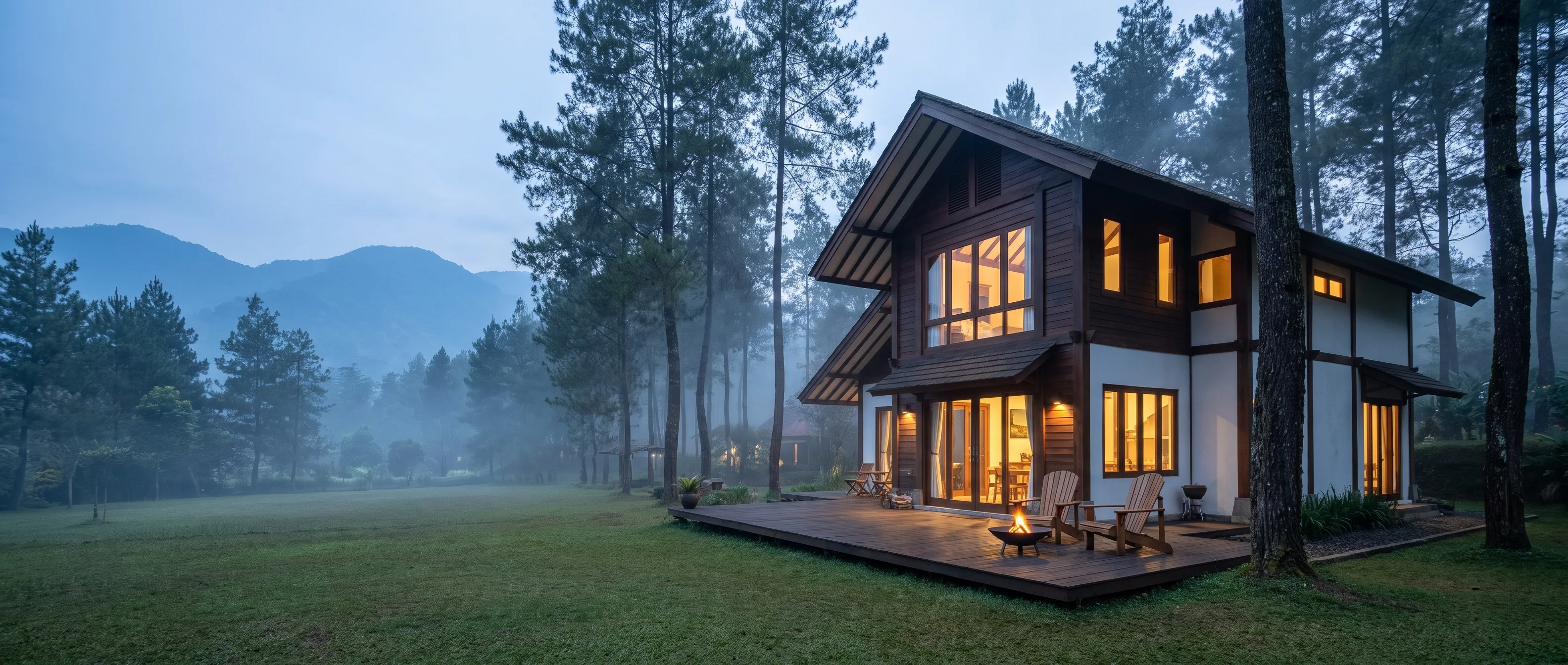 Villa dua lantai dari kayu gelap dan tembok putih di antara pohon pinus berkabut saat senja; jendelanya menyala hangat, dan di dek kayu ada kursi di dekat api kecil